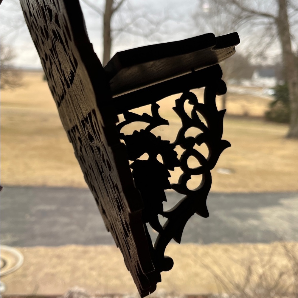 Vtg INDIA Hand Carved Wood Wooden Folding Shelf Intricate Leaf Design Leaves - Picture 8 of 14